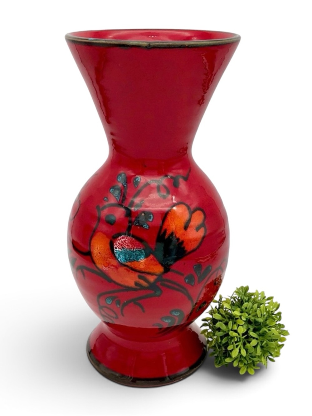 Art Pottery Italian Bellini Raymor Design Red Teal Bird Reflective Glaze MCM 60s